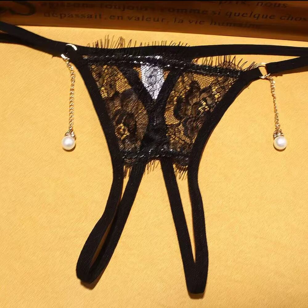 Women's Lace Thong Panties, Low Rise Sexy Lingerie With Pearl Chain Pendant